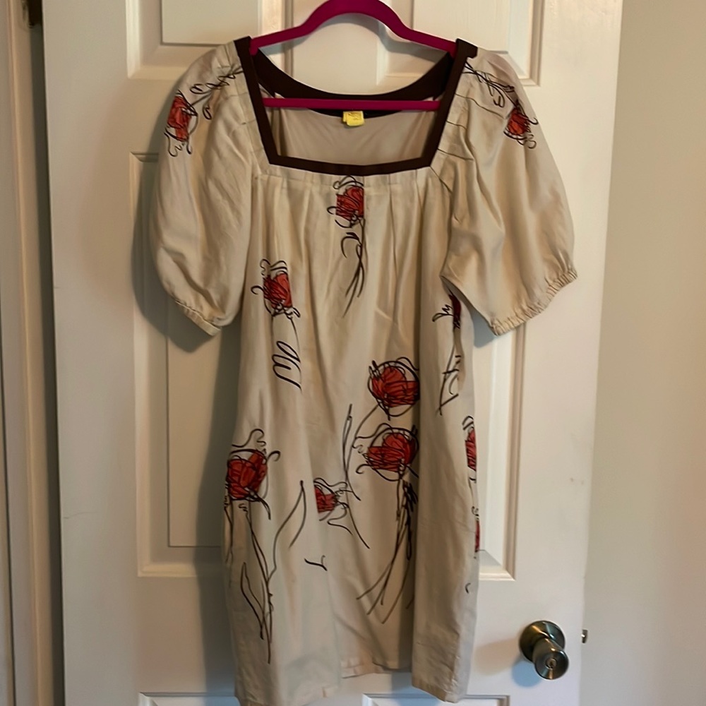BCBG Max Azria dress cotton M,lined short gathered sleeves side pockets